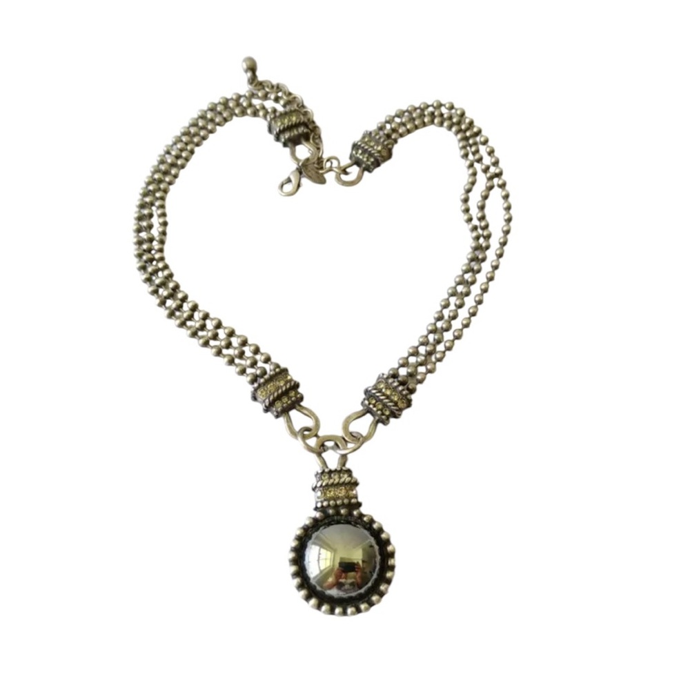 Vintage Chico's Rhinestone Pendant Necklace Beaded Glass Cabochon 11" L